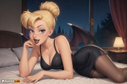 1girls ai_generated artist_name bare_shoulders bat_wings bed bedroom black_dress blonde_hair blue_eyes breasts cleavage collarbone curtains disney dress fairy fairy_wings fangs hair_bun halloween hi_res indoors lamp looking_at_viewer lying makeup medium_breasts night night_sky on_bed on_side open_mouth pantyhose peter_pan_(disney) pillow ponytail rule34lab short_hair single_hair_bun sky smile solo thighband_pantyhose tinker_bell tree vampire window wings