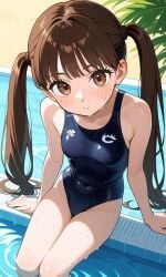 ai_generated brown_eyes brown_hair female female_only freckles freckles_on_face in_water long_hair looking_at_viewer one-piece_swimsuit petite pool sitting slim_waist small_breasts swimsuit tight_clothing twintails twintails twintails_(hairstyle) water wet wet_clothes wet_clothing yui_chan