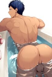 aomine_daiki ass ass_focus back_muscles back_view bathtub big_ass blue_eyes daiki_aomine male male_focus male_only muscular_male navy_blue_hair short_hair smirk tan_skin water