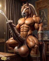 1male ai_generated balls ballsack brown_body cock cum cum_drip equid equine equine_genitalia flared_penis furry horse horse_penis horsecock huge_balls huge_cock male_only monster monster_cock muscular_anthro original original_character penis striped_fur stripes testicles thancrus