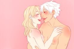 1boy 1boy1girl 1girls arms_around_partner artist_name barely_visible_nipples blonde_hair blush breasts closed_eyes color completely_nude gradient_background hand_on_another's_shoulder laugh lighting long_hair looking_at_partner maka_albarn nipples nsfweis pink_background red_eyes romantic romantic_couple sharp_teeth small_breasts smile soul_eater soul_eater_evans standing straight toned toned_male watermark white_hair wholesome