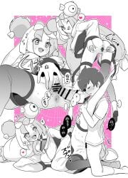 1boy anus ass border coat double_bun female greyscale hair_bun heart heart-shaped_pupils heriyama highres imminent_penetration iono_(pokemon) long_hair missionary monochrome original_character pink_background pokemon pussy screentones sex sharp_teeth simple_background sleeves_past_fingers sleeves_past_wrists spread_ass spread_pussy straight symbol-shaped_pupils teeth thighhighs white_border