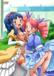 2girls alternate_hairstyle ass bare_legs bent_over blue_dress blue_eyes blue_hair blush bottomless breast_grab breast_lick breast_sucking breasts breasts_out building choker cleavage contest_dress creatures_(company) dawn_(pokemon) day dress dress_lift dress_up drill_hair elbow_gloves female female_only field game_freak gloves grass hair_ribbon high_res highres human large_breasts legs licking long_hair looking_at_viewer moaning multiple_girls naughty_face navel neck nintendo nipples no_panties open_dress open_mouth outdoors outside palcomix pink_eyes pink_hair pokemon pokemon_(anime) pokemon_dppt pokepornlive ponytail pussy ribbon shiny shiny_hair shiny_skin stockings thighhighs tied_hair tongue tongue_out twin_drills ursula_(pokemon) white_gloves yellow_dress yuri