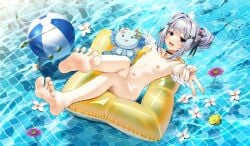 amane_kanata blue_hair blush casino_(casinoep) feet floaty holoforce hololive hololive_japan naked peace_sign purple_eyes silver_hair small_breasts smiling_at_viewer soles swimming_pool toes virtual_youtuber water wings