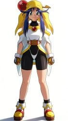 4:3_aspect_ratio 90s android audition bandana bare_shoulders blue_hair bodysuit breasts camcorder camera casting_couch cleavage clothing couch curvaceous cute_fang desk female female_only fingerless_gloves furniture gloves green_eyes indoors interview jewelry large_breasts light-skinned_female light_skin lime_(saber_j) long_hair oerba_yun_fang oldschool on_couch open_mouth presenting presenting_self saber_marionette_j shinone_lau sitting sitting_on_couch skin_tight skindentation solo spandex speech_bubble thick_thighs thighs traditional_clothes wafuku waifuhub wide_hips