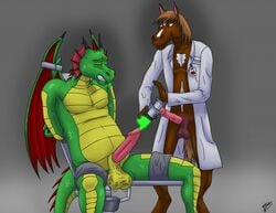 2010 anthro balls bound brown_fur clenched_teeth closed_eyes doctor dragon equine erection fur glowing green_scales grey_background horse insertion krazyhorse male male_urethral_insertion mammal nude original original_character penetration penis rangarig_(character) rangarig_rex red_scales scales simple_background sitting sounding tears teeth urethral urethral_insertion urethral_penetration vein wings yaoi yellow_scales