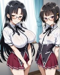 2girls ai_generated bangs black_hair blush breasts brown_eyes collared_shirt corset covered_nipples curtains glasses hairclip hands_behind_back heavy_breathing high_school_dxd indoors large_breasts long_hair looking_at_viewer notreallyhere parted_bangs pleated_skirt ribbon school_uniform shinra_tsubaki shirt short_hair small_breasts smile sona_sitri student student_council_president v_arms violet_eyes