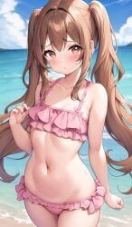 1girls ai_generated beach bikini blush blushing_at_viewer brown_eyes brown_hair female female_focus female_only flat_chest light-skinned_female pink_clothing pout skirt yui_chan