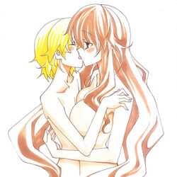 1boy aki_sora aoi_aki aoi_sora blonde_hair blush breasts brother_and_sister brown_eyes brown_hair closed_eyes female femboy hug incest itosugi_masahiro kissing large_breasts long_hair nude short_hair siblings simple_background tagme tongue very_long_hair