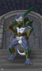 archshen armor bangaa crossover erection final_fantasy final_fantasy_xii full-length_portrait full_length glass_armor lizard male male_only penis portrait posing reptile scalie skyrim solo standing sword the_elder_scrolls thrakos weapon