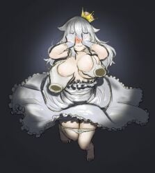 1boy 1girls blush boosette breast_grab breasts clothing covering_eyes crown dress embarrassed female female_focus ghost ghost_girl gijun gloves humanoid luigi luigi's_mansion male mario_(series) nintendo panties panties_around_legs squeezing_breast unseen_male_face voluptuous voluptuous_female white_dress white_gloves white_hair