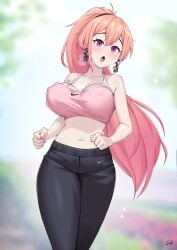 1girls belly_button blush bouncing_breasts breasts earrings female female_only gifu_100 huge_breasts jogging light-skinned_female light_skin nipple_bulge open_mouth outdoors phase_connect phase_euphoria pink_hair purple_eyes runie_ruse solo sports_bra sweat virtual_youtuber