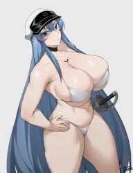 1girls akame_ga_kill! batako bikini blue_eyes blue_hair esdeath_(akame_ga_kill!) female female_only large_breasts solo