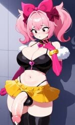 1futa ai_generated bashli big_penis black_shirt brawl_stars crop_top cum futanari huge_breasts melodie_(brawl_stars) necklace pink_eyes pink_gloves pink_hair solo solo_futa yellow_bracelet yellow_skirt