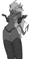 breasts dark_skin demon_girl female floating_horns floating_tail long_hair monochrome oc original original_character panties pointy_ears pubic_hair self_upload serious_face spiky_hair succubus thighhighs thin_female thin_waist wide_hips