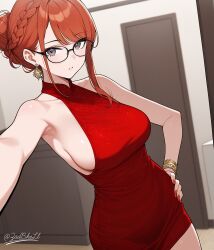 1girls ai_generated breasts brown_hair dress earrings female glasses hand_on_hip looking_at_viewer pale_skin pussy red_dress red_hair red_nails room selfie standing thong wife zadbhell