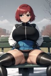 ai_generated daidouji_(artist) daidoujipv exhibitionism exposed female gloves jacket kim_pine lifting_skirt open_legs outdoors outside panties park park_bench red_hair scott_pilgrim sitting skirt skirt_lift skirt_up solo solo_focus spread_legs stockings thick_thighs wide_hips winter