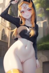 1girls ai_generated angry black_legwear breasts exposed_breasts female female_only fluffy jacket jacket_open midna nintendo pussy ruptuorie solo the_legend_of_zelda twili_midna twilight_princess