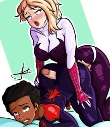 1boy 1futa alternate_version_available ass ass_focus bed bent_over big_ass big_breasts big_penis black_hair blonde_hair blue_eyes blush breasts brown_eyes buttjob clothed_sex clothing dark-skinned_male futa_on_male futanari gwen_stacy gwen_stacy_(spider-verse) hand_on_ass hand_on_butt hoodie interracial jerking_off kappitaec light-skinned_futanari marvel marvel_comics masturbation miles_morales miles_morales_(spider-verse) penis penis_between_ass short_hair spider-man spider-man:_into_the_spider-verse spider-man_(series) superhero superheroine thick thick_ass thick_thighs unmasked