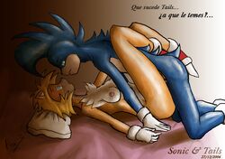 2006 bed blonde_hair blue_fur blue_hair breasts clothing female footwear fox7 furry gloves hair hedgehog leg_wrap mammal mohawk nipples pillow rule_63 shoes sonic_(series) sonic_the_hedgehog tails text translation_request