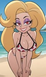 accurate_art_style ai_generated beach beauty_mark bending_forward big_breasts bikini blonde_hair bonnieaiart cleavage earrings eyeshadow female female_only helluva_boss looking_at_viewer martha_(helluva_boss) nai_diffusion official_style outdoors polka_dot_bikini solo stable_diffusion tagme