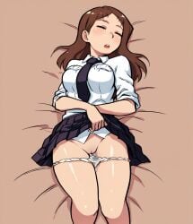 ai_generated closed_eyes mayihavesomeslops on_bed painwheel panties_down pulled_down_panties skullgirls sleeping tsukudani_style upskirt wet_pussy