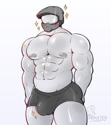 1boy baxter7020 blush bulge bulge_through_clothing gay gay_male greyscale half-dressed halo_(series) helmet male male_focus male_only master_chief monochrome muscles nipples pecs solo solo_male star star_(symbol) stars thighs underwear video_games white_background