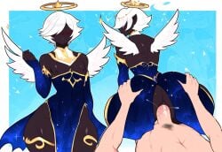 2boys ai_generated alriel angel angel_wings backshots black_femboy catholic christianity curvy dark-skinned_male dark_skin femboy gay hair_over_eyes halo monster_femboy mullon muscular_male novelai public_domain sex thick_thighs trap white_hair wings yaoi