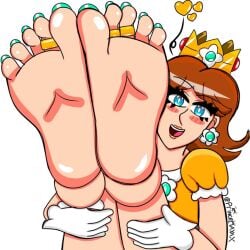 2d 2d_(artwork) barefoot blush crown feet feet_focus feet_together feet_up foot_fetish legs legs_together legs_up nintendo princess princess_daisy royalty super_mario_bros. toe_ring toe_rings toenail_polish toenails toes