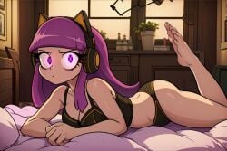 bed cat_headphones headphones ic313n internecion_cube lilac_hair tagme x_eyes