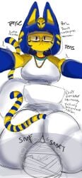 1boy 1girls animal_crossing animal_crossing_new_horizons ankha big_ass big_breasts catgirl dialogue facesitting feline forced_to_sniffing holding humanoid musk nintendo sniffing_ass solo007_(artist) trapped_under_ass villager_(animal_crossing) white_background