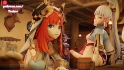 1futa 4females 4girls big_ass big_breasts big_butt big_penis blue_hair futanari genshin_impact kamisato_ayaka keqing_(genshin_impact) lumine_(genshin_impact) mona_(genshin_impact) nilou_(genshin_impact) red_hair smile smiling tocher44 yellow_hair