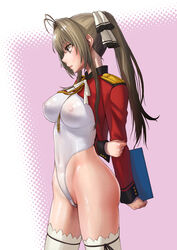 1girls adapted_costume amagi_brilliant_park anal_attached_clothing anally_anchored_clothing arms_behind_back breasts brown_eyes covered_nipples cowboy_shot female female_only high_leg_thong highleg highleg_leotard highleg_thong leotard nipple_bulge nipples_visible_through_clothing one-piece_thong revealing_clothes sawaragi sento_isuzu skimpy_clothes solo solo_female thong_leotard tight_clothing