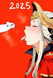 1boy 2025 ai_generated blank_censor blush censored closed_eyes edelgard_von_hresvelg erection fake_horns female fire_emblem fire_emblem:_three_houses fluffyhairenjoyer from_side hair_bun hair_ornament horns long_hair novelai open_mouth penis profile red_background simple_background solo_focus straight tongue tongue_out white_hair
