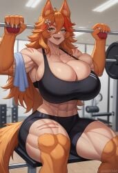 1girls ai_generated buffpup_(vtuber) bursting_breasts curvaceous gym huge_breasts humanoid multicolored_eyes muscular_female orange_hair pawpads scars sitting six_pack spats sports_bra stable_diffusion sweat thick_thighs vchiban virtual_youtuber vtuber werewolf wide_hips wolf_ears wolf_girl wolf_tail workout workout_clothes