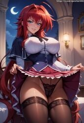 ai_generated black_corset black_stockings black_thighhighs blue_bow blue_eyes cameltoe capelet curvy female from_below high_school_dxd highres hourglass_figure indoors lamp large_breasts leaning leaning_back lips long_sleeves looking_at_viewer mansion narrow_waist night panties pleated_skirt qwertart red_hair red_skirt rias_gremory skirt_lift skirt_pull skirt_up slim slim_waist smile solo tagme thong underskirt upskirt white_shirt wide_hips