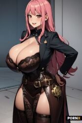 ai_generated big_breasts cleavage huge_breasts large_breasts open_jacket open_mouth pink_eyes pink_hair pornx.ai steampunk thick_thighs