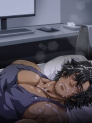 1boy after_orgasm beard_stubble bed beefy big_breasts black_hair blue_eyes blurry_background breasts bukkake computer cum cum_covered cum_drip cum_on_body cum_on_breasts cum_on_chin cum_on_clothes cum_on_face cum_on_forehead cum_on_hair cum_on_mouth cum_on_neck cum_on_nose cum_on_shoulder cum_on_upper_body cum_splatter cum_string curly_hair daddy dilf dormitory dripping dripping_cum embarrassed excessive_cum gay hi_res huge_breasts hunk indoors keyboard long_hair looking_away lying lying_on_back lying_on_bed male male_breasts male_only manly mature_male messy_hair murakami_tarosu muscles muscular muscular_male no_visible_genitalia oppai original original_character pecs pillow pretending_to_sleep semen steam tanktop thisarmor tissue tissue_box tough_guy yaoi