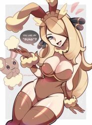 1girls 2024 blonde_hair blue_eyes breasts brown_fur buneary bunny_ears bunnysuit cleavage cosplay cynthia_(pokemon) female female_focus female_only gloves hair_over_one_eye long_hair lopunny_(cosplay) necklace nintendo pokémon_(species) pokemon pokemon_(cosplay) text text_bubble thick_thighs thighhighs thighs touyarokii