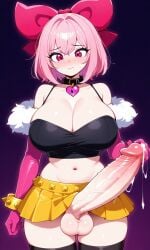 1futa ai_generated bashli big_penis black_shirt brawl_stars crop_top cum futanari huge_breasts huge_cock melodie_(brawl_stars) necklace pink_eyes pink_gloves pink_hair solo solo_futa yellow_bracelet yellow_skirt