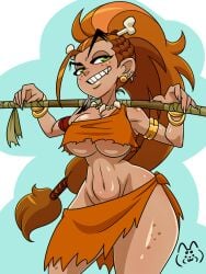 1girls aged_up artist_request big_breasts breasts clothing dave_the_barbarian earrings fang_(dave_the_barbarian) female_only freckles green_eyes jewelry long_hair oerba_yun_fang orange_hair smile smug smug_smile solo