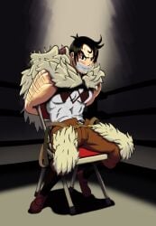 beowulf_(skullgirls) bondage bound duct_tape duct_tape_gag folding_chair fur_cape gagged hairy_arms herrilos_(artist) male_only muscular muscular_male skullgirls wolf wrestling wrestling_ring