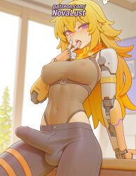 1futa 2025 ai_generated artist_name blonde_hair blurry blurry_background breasts bulge bust chest cock covered_nipples cum dick erection foreskin futanari hi_res high_quality high_resolution highres indoors large_penis long_hair newhalf novalust patreon patreon_username penis prosthesis prosthetic_arm purple_eyes rwby solo stable_diffusion testicles watermark yang_xiao_long