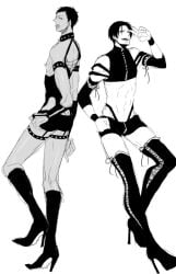 2boys 2femboys aomine_daiki bdsm_outfit choker crossdressing daiki_aomine femboy femboy_only gay heels high_heel_boots high_heels kazunari_takao knee_boots kuroko's_basketball kuroko_no_basuke lingerie male male_in_lingerie male_only manly_crossdresser multiple_boys muscular takao_kizunari tan_skin tank_top thigh_boots unknown_artist yaoi