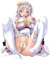 aina_winchester areolae blue_eyes blush breast_grab breasts cameltoe female heterochromia huge_breasts large_breasts lilith-soft looking_at_viewer lying nipples official_art on_back open_mouth potion_(moudamepo) puffy_nipples pussy_juice silver_hair simple_background solo taimanin_(series) taimanin_asagi_battle_arena thighhighs tongue tongue_out yellow_eyes