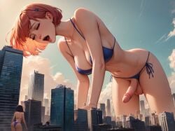 ai_generated bikini bikini_bottom bikini_top black_hair bob_cut city closed_eyes futanari giantess ginger_hair moaning multiple_sizes open_mouth penis red_hair short_hair size_difference spalela