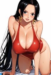 _(one_piece) ai_generated alluring almost_naked almost_nude ass big big_breasts black_eyes black_hair blush boa_hancock breasts earring earrings female female_only long_hair looking_at_viewer one_piece red_swimsuit swimsuit z4zt3l4