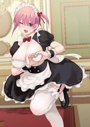 alternate_breast_size apron blue_eyes blush breasts cleavage detached_collar garter_belt garter_straps go-toubun_no_hanayome heart-shaped_boob_challenge heart_hands huge_breasts indoors kosmos_beta maid maid_apron maid_headdress nakano_ichika one_eye_closed open_mouth pink_hair shiny_skin short_hair skirt smile standing_on_one_leg thighhighs thighs white_thighhighs wink wrist_cuffs