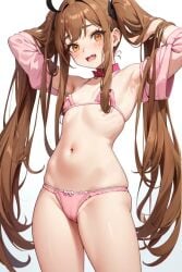 ai_generated blush blush bow_panties brown_hair collar female female_focus female_only freckles human light-skinned_female light_skin long_hair panties petite petite_body petite_breasts petite_female pink_panties pink_underwear shy slim_waist small_breasts smaller_female solo surprised surprised_expression twintails underwear_only yui_chan