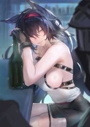 2024 animal_ears arknights black_gloves black_hair black_skirt blaze_(arknights) blue_eyes bottle breasts cat_ears cat_girl doctor_(arknights) female gloves hi_res indoors infection_monitor_(arknights) large_breasts long_hair looking_at_another looking_to_the_side shirt sideboob sitting skirt smile solo_focus very_long_hair white_shirt xiaoye_eago